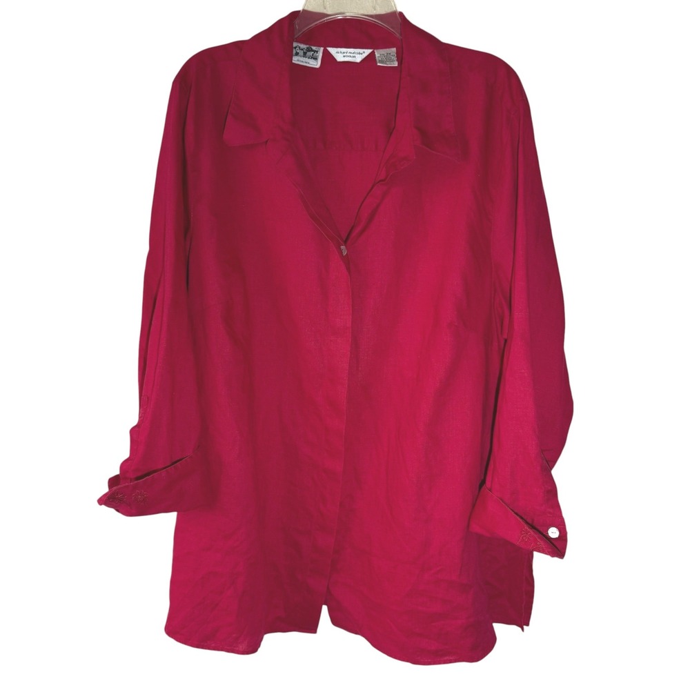 Richard Malcolm Woman 100% Irish Linen Shirt Women's 3X Red Embroidered Cuffs